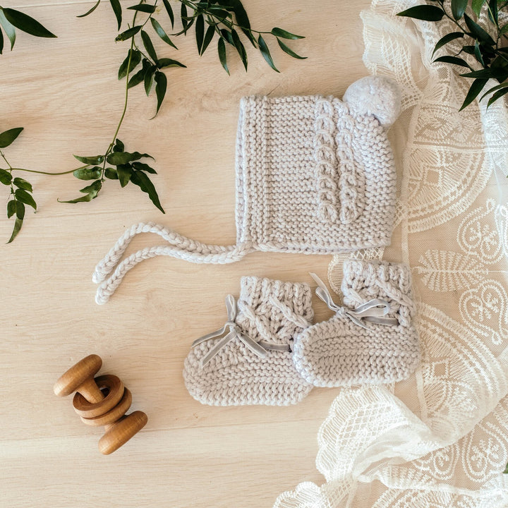 Grey Merino Wool Bonnet & Booties Set - Tutu Irresistible Boutique