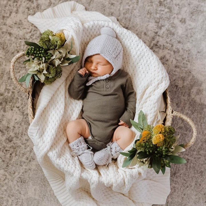 Grey Merino Wool Bonnet & Booties Set - Tutu Irresistible Boutique