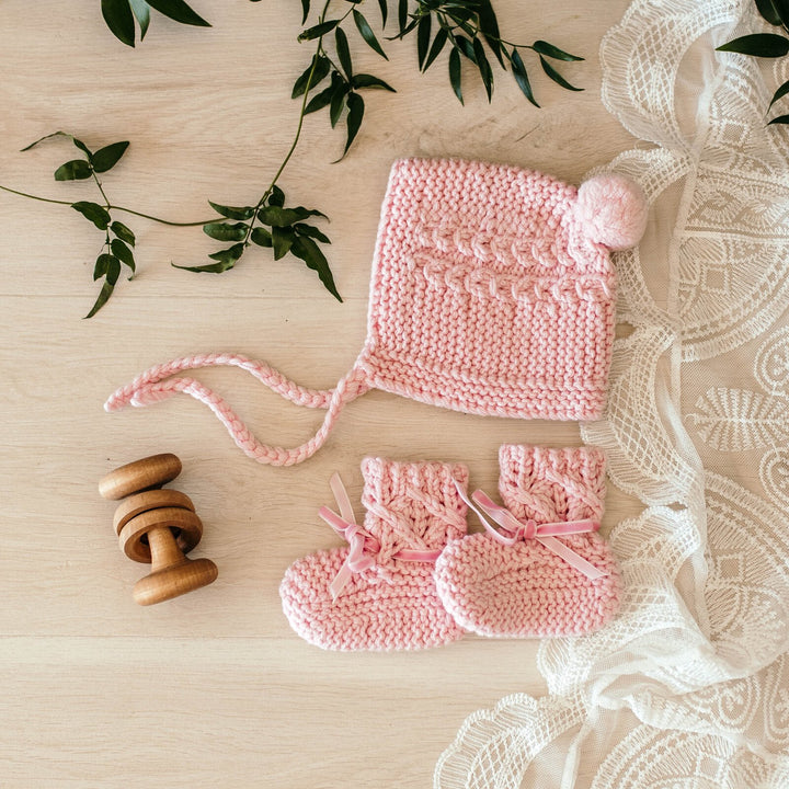 Pink Merino Wool Bonnet & Booties Set - Tutu Irresistible Boutique