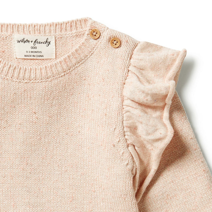 Wilson & Frenchy | Knitted Ruffle Baby Jumper - Oatmeal Flamingo Fleck